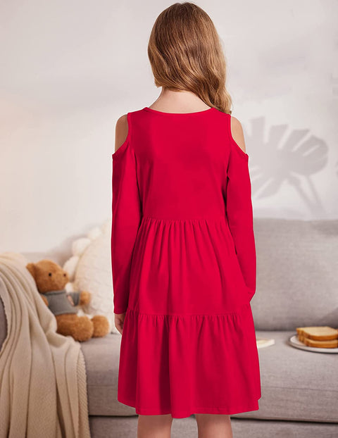 Arshiner Girls Long Sleeve Cold Shoulder Tiered Ruffle Pleated Pockets Dress for 4-14 Years
