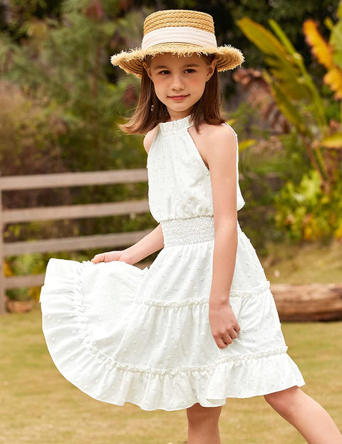 Arshiner Girls Halter Neck Sleeveless Dress Casual Flowy Swiss Dot Smocked Cute Summer Dress for 5-12 Years