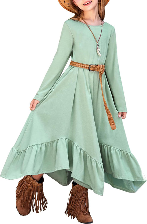 Arshiner Girls Long Sleeve Fall Dress Smocked Waist Round Neck Casual Maxi Western Dress for Kids 6-12 Years