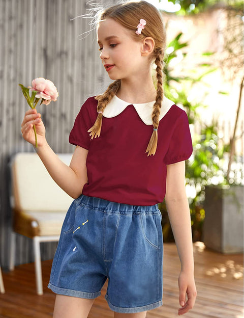 Arshiner Girls Long/Short Sleeve Tops Basic Peter Pan Collar T-Shirts Soft Blouses Tees