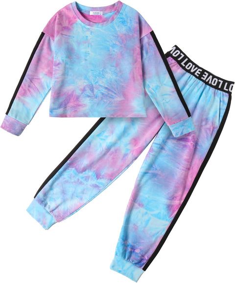 Arshiner Girls 2 Piece Outfits Crop Tops Pant Sets Tie Dye Long Sleeve Fashion Sweatshirts and Sweatpants Kids Tracksuit