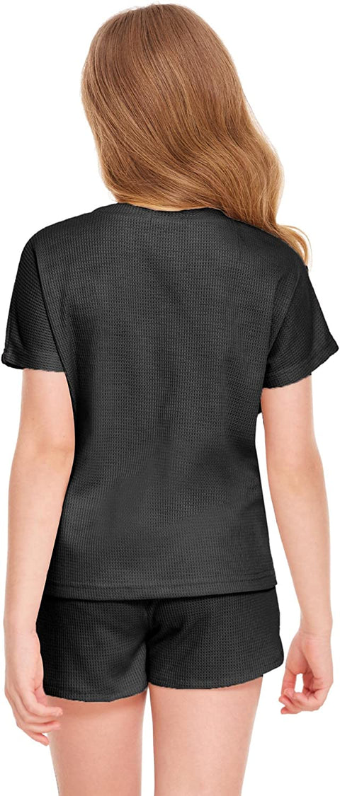 Arshiner Girls Waffle Knit Loungewear Shorts & T-Shirt Set