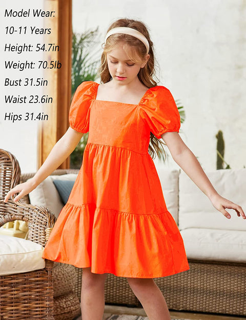 Arshiner Girls Dress Short Puff Sleeve Loose Tiered Ruffle Casual Dresses Square Neck