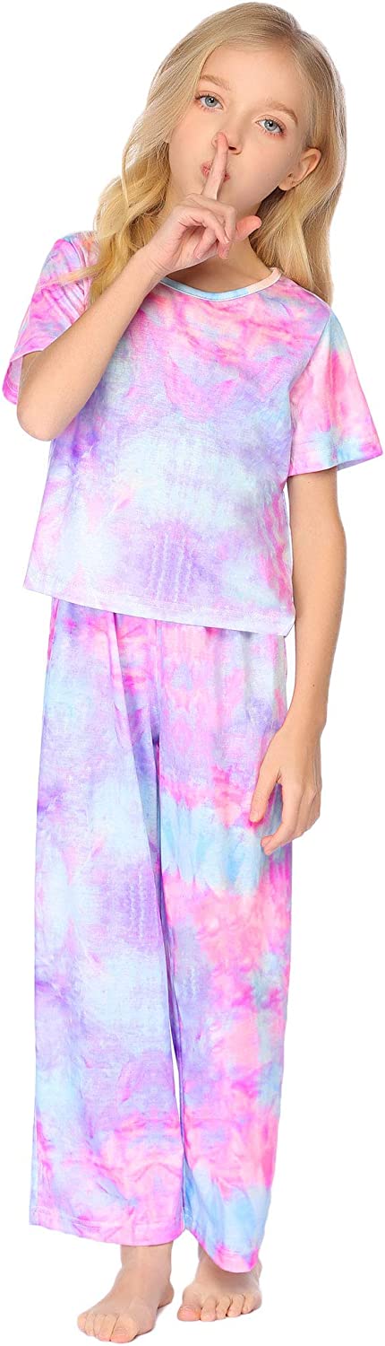 Arshiner Girls Tie dye Outfits 2 PCS Short Sleeve Tops Clothing Sets Loungwear For Girl 4-13Y