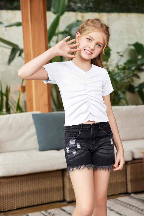 Arshiner Girls Summer Crop Top Short Sleeve Solid Shirt Trim Ruched Tee T-Shirt