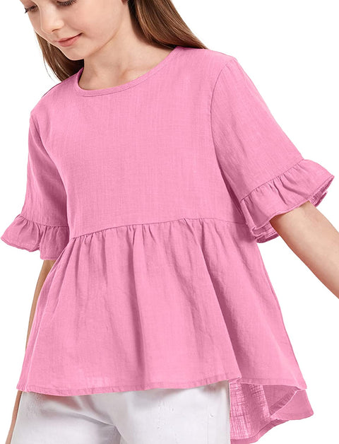 Arshiner Girls Cotton Linen Short Sleeve Blouses Ruffles Tunic Tops Summer Beach Tee Shirt