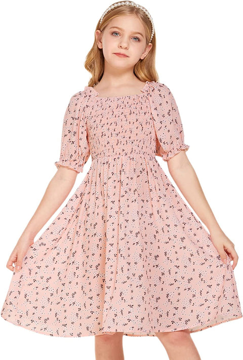 Arshiner Girls Summer Dress Short Puff Sleeve Floral Dress