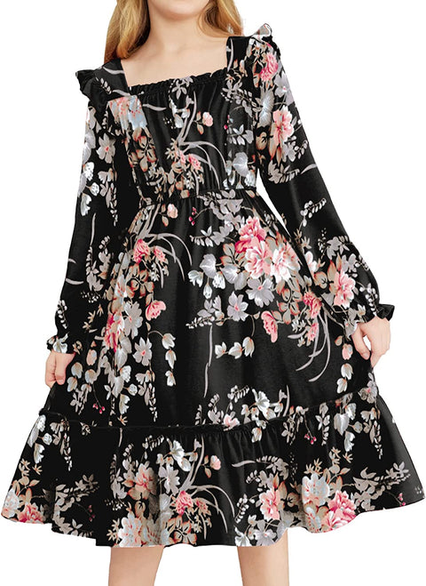 Arshiner Girls Trendy Long Sleeve Ruffle Hem Elastic Waist Dresses