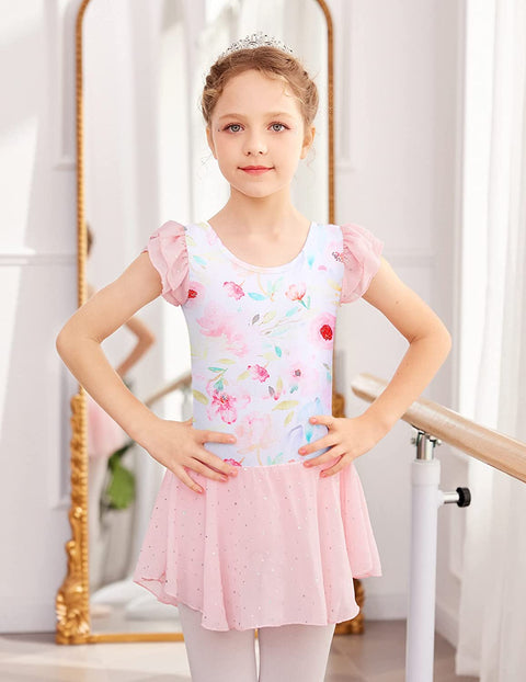 Arshiner Girls Shiny Ruffle Sleeve Ballet Leotard with Skirt