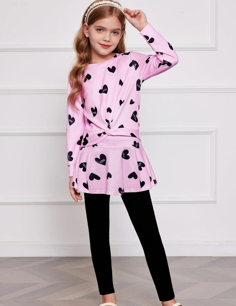 Arshiner Girls Skirt Set Casual Long Sleeve Cute Heart Print Twist Front Tops and Pant Skirts Fall Trendy 2 Piece Outfits