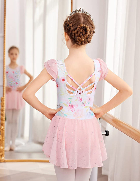 Arshiner Girls Shiny Ruffle Sleeve Ballet Leotard with Skirt