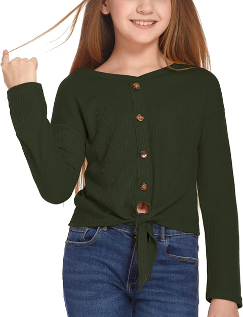 Arshiner Girls Casual Tie Crop Top Long Sleeve Button Down Waffle Knit Blouse for Girls