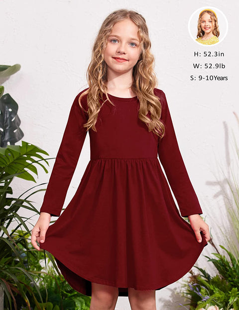 Arshiner Girl Long Sleeve A Line Skater Casual Twirly Casual Dress