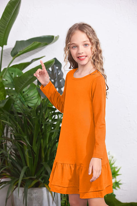 Arshiner Girls Cotton Long Sleeve A-Line Ruffle Hem Dress