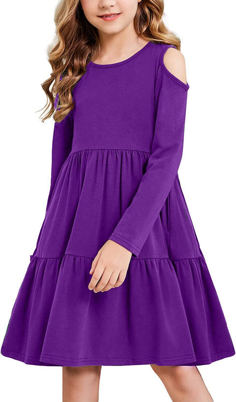 Arshiner Girls Long Sleeve Cold Shoulder Tiered Ruffle Pleated Pockets Dress for 4-14 Years