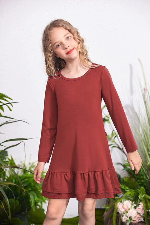 Arshiner Girls Cotton Long Sleeve A-Line Ruffle Hem Dress