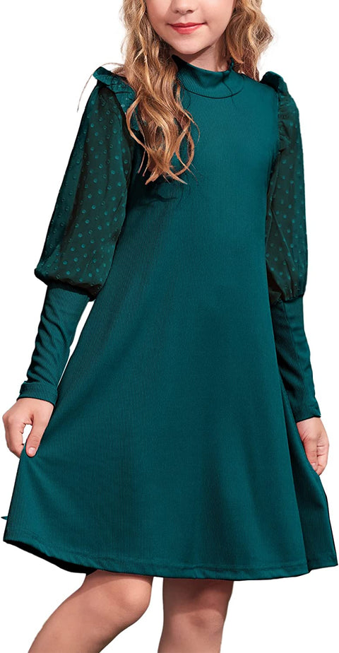 Arshiner Girl's Sheer Contrast Mesh Long Sleeve Stand Collar Casual Vintage A-line Party Dress for 5-13 Years