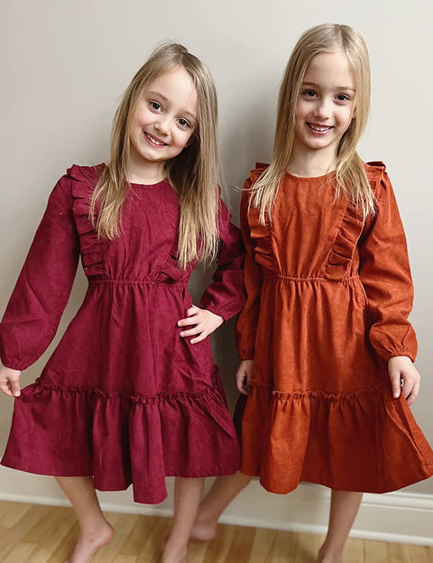 Arshiner Girls Dresses A-line Ruffled Button Corduroy Swing Dress