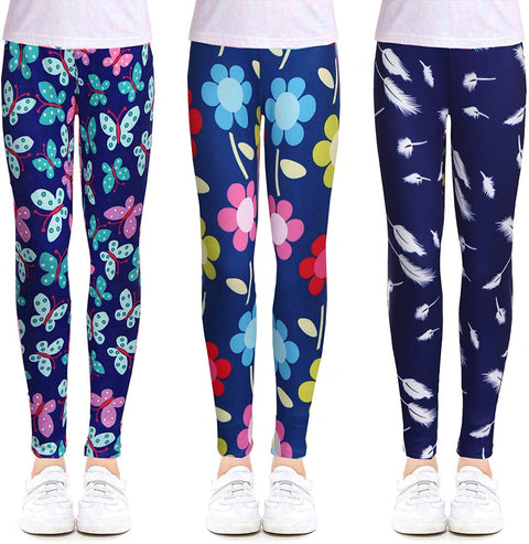 Arshiner Girl's Ankle Length Leggings 3-Pack Flower Stretch Pants