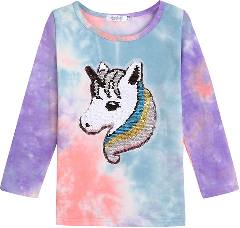 Arshiner Girls Unicorn Shirts Short Sleeve Flip Sequin T-Shirt Tops