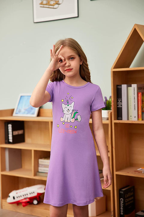 Arshiner Girls Nightgowns Short Sleeve Cute Cartoon Print Pajama Sleep Dress For Kids Button Down Nighties