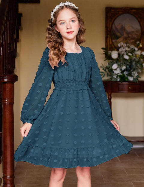 Arshiner Girls Dresses Long Sleeve Square Neck Swiss Dot Casual Flowy Dress