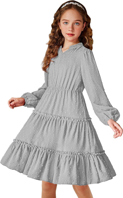 Arshiner Girls Dresses Long Sleeve Swiss Dot V Neck Ruffle Tiered Casual Party Dress