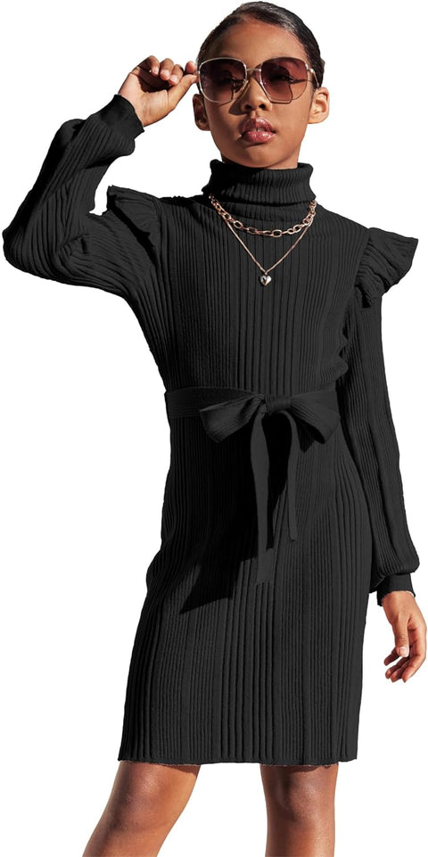 Arshiner Girls Sweater Dress Ruffled Long Sleeve Turtleneck Knit Midi Dress with Detachable Belt