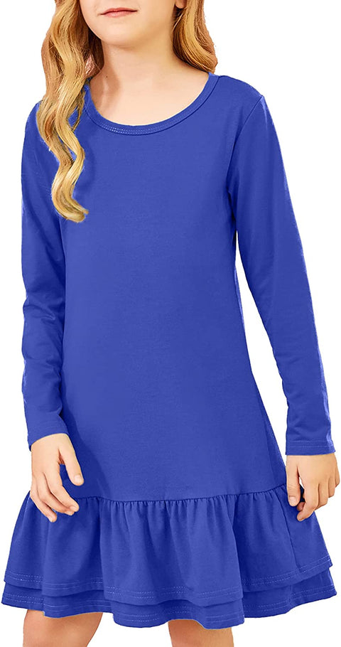 Arshiner Girls Cotton Long Sleeve A-Line Ruffle Hem Dress