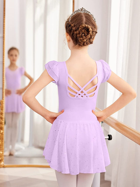 Arshiner Girls Shiny Ruffle Sleeve Ballet Leotard with Skirt
