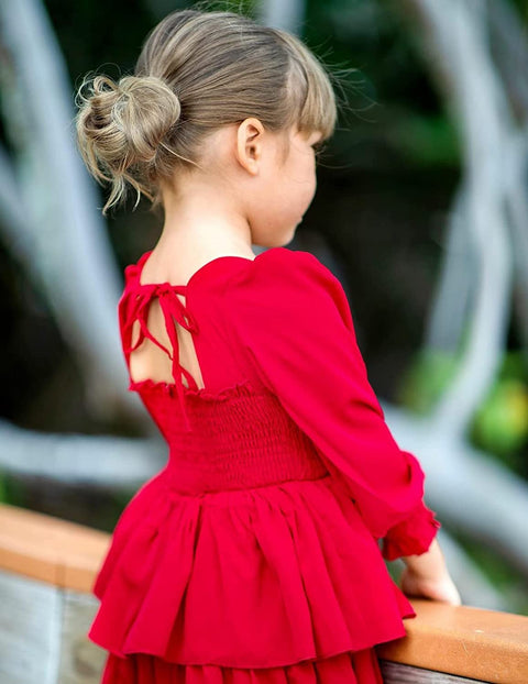 Arshiner Girls Long-Sleeve Tiered Dresses Square Neck Lantern Smocked Ruffle Layered Tie Back Dress