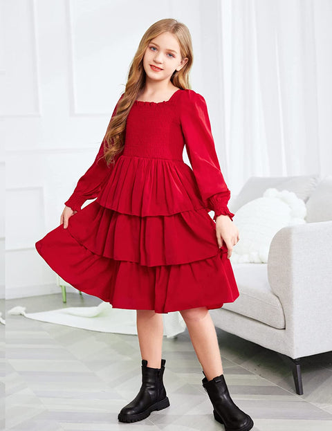 Arshiner Girls Long-Sleeve Tiered Dresses Square Neck Lantern Smocked Ruffle Layered Tie Back Dress