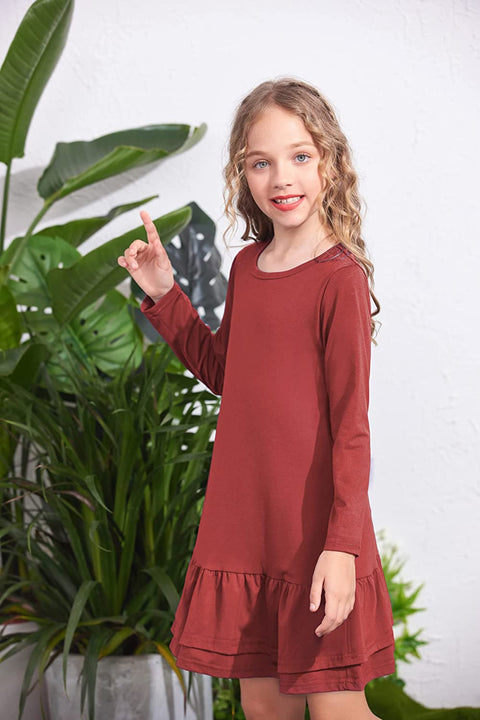 Arshiner Girls Cotton Long Sleeve A-Line Ruffle Hem Dress