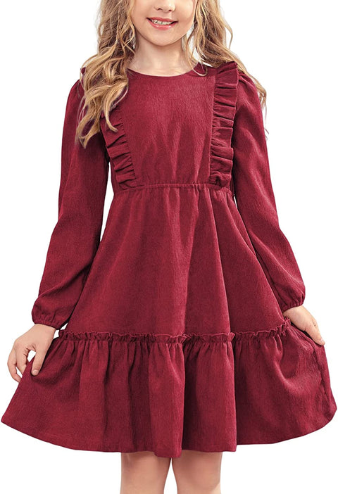 Arshiner Girls Dresses A-line Ruffled Button Corduroy Swing Dress