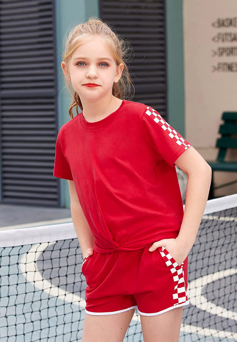 Arshiner Girls Clothing Sets Checkered Plaid Twist Front Top and Shorts Pants Activewear Tracksuit 4-12 Year