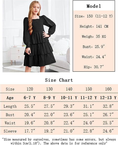 Arshiner Girls Long-Sleeve Tiered Dresses Square Neck Lantern Smocked Ruffle Layered Tie Back Dress