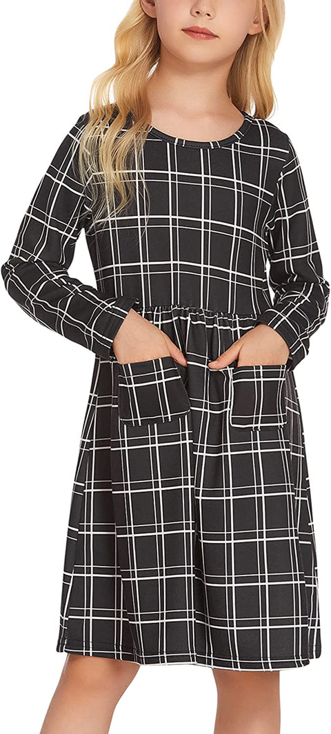 Arshiner Little Girls Dress Long Sleeve Casual Skater Pocket Dress