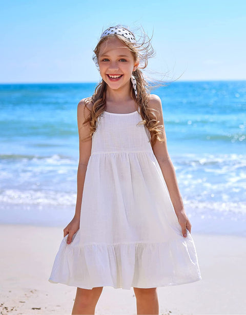 Arshiner Girl's Summer Sundress Spaghetti Strap Linen Midi Dress