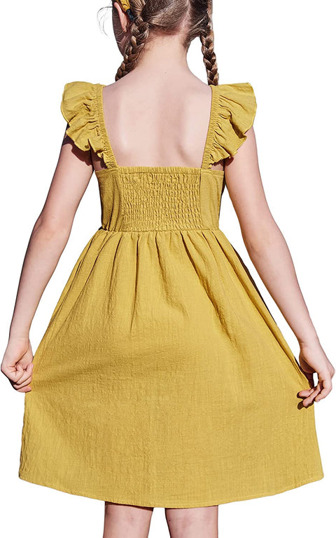 Arshiner Girls Linen Ruffle Backless Dress
