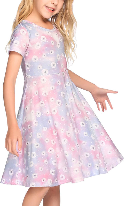 Arshiner Girls Floral Dress Short Sleeve Summer Dresses Skater Twirl Sundress for Girls 4-13 Years