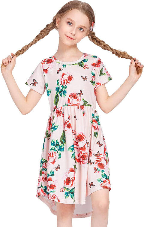 Arshiner Girl Short Sleeve A Line Skater Casual Twirly Casual Dress