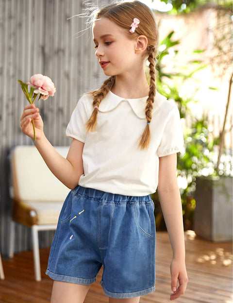 Arshiner Girls Long/Short Sleeve Tops Basic Peter Pan Collar T-Shirts Soft Blouses Tees