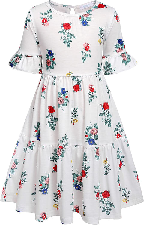 Arshiner Girls Floral Pattern Knee Length Dress with Ruffle Sleeve Casual Sundresses for 3-12 Years