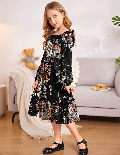 Arshiner Girls Trendy Long Sleeve Ruffle Hem Elastic Waist Dresses
