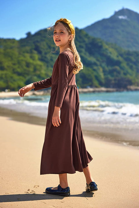 Arshiner Girls Long Sleeve Solid Loose Casual Maxi Dress