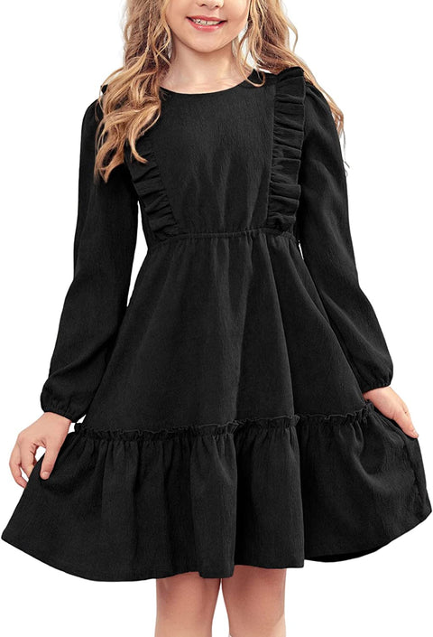 Arshiner Girls Dresses A-line Ruffled Button Corduroy Swing Dress