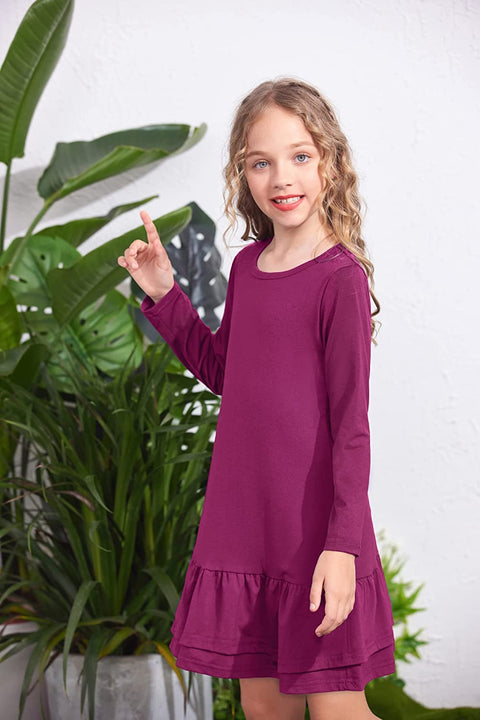 Arshiner Girls Cotton Long Sleeve A-Line Ruffle Hem Dress