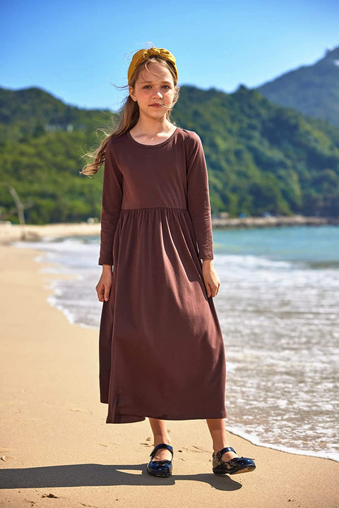 Arshiner Girls Long Sleeve Solid Loose Casual Maxi Dress