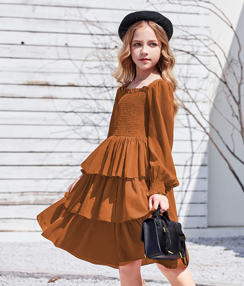 Arshiner Girls Long-Sleeve Tiered Dresses Square Neck Lantern Smocked Ruffle Layered Tie Back Dress