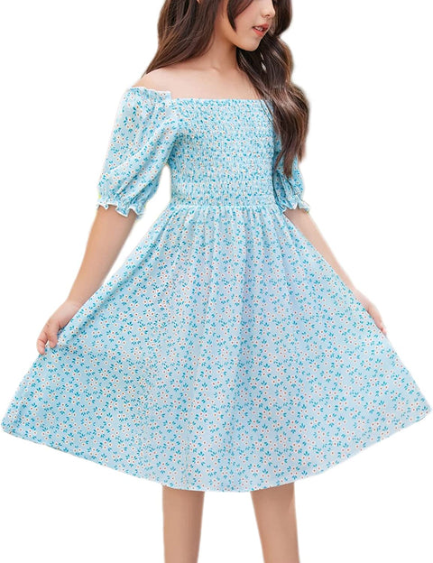 Arshiner Girls Summer Dress Short Puff Sleeve Floral Dress